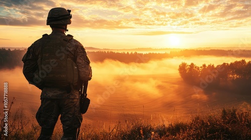 Soldier Standing Guard at Sunrise with Rolling Fog