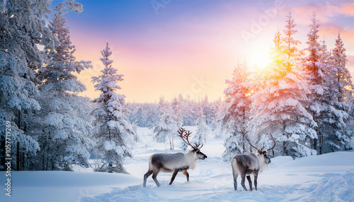 A serene scene with a deer standing in the middle of a misty forest at dawn. Soft light filters through the trees, creating a peaceful, ethereal atmosphere.