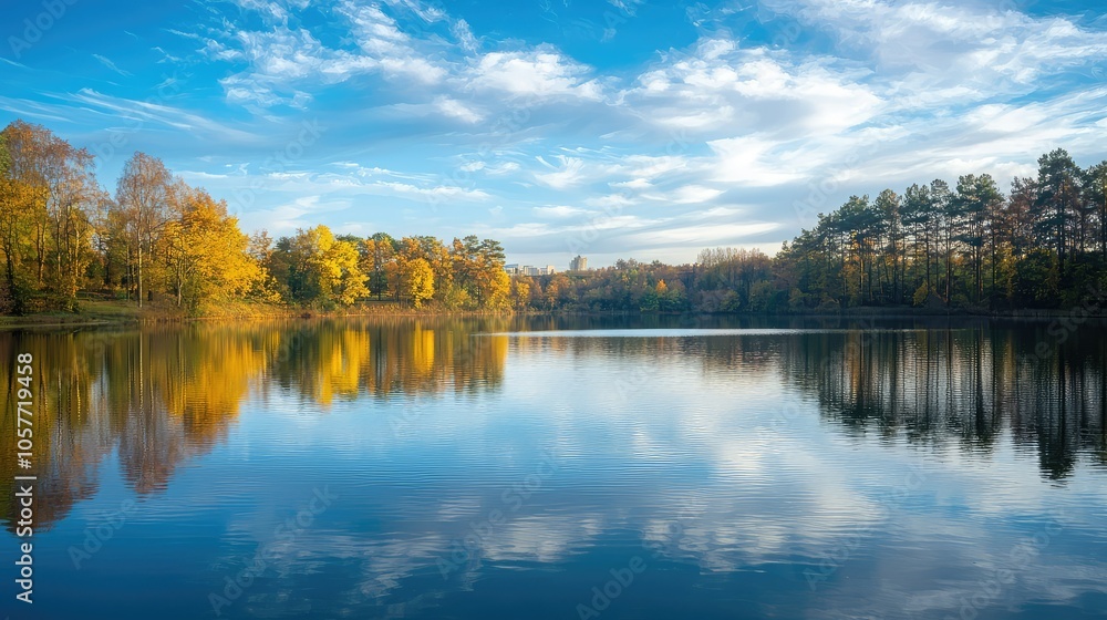 Serene Skyline Reflected in Tranquil Lake View Serene Skyline Reflected in Tranquil Lake View