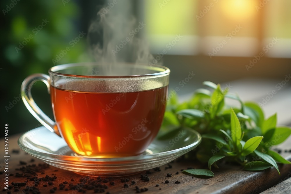 Steaming cup of black tea with fresh green leaves on wooden table in warm natural light. Steaming cup of black tea with fresh green leaves on wooden table in warm natural light.