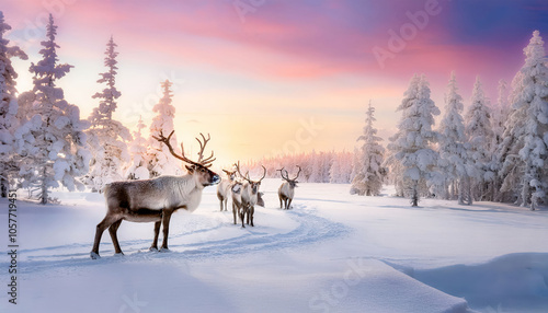 A serene scene with a deer standing in the middle of a misty forest at dawn. Soft light filters through the trees, creating a peaceful, ethereal atmosphere.