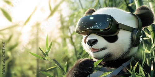 A playful panda wearing virtual reality goggles surrounded by lush bamboo, immersed in a futuristic experience. photo