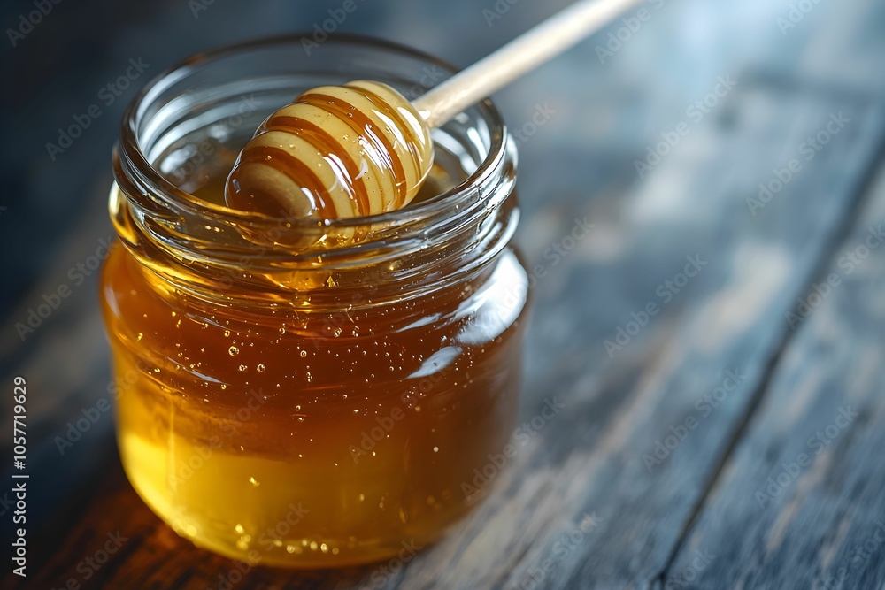 Honey jar with drizzler on wooden surface in natural light Honey jar with drizzler on wooden surface in natural light