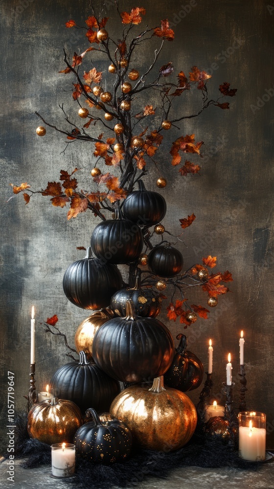 Naklejka premium Black and gold pumpkins and candles creating a spooky halloween scene