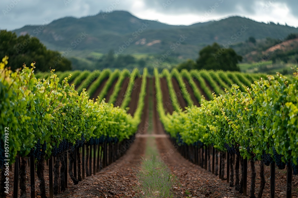 Obraz premium Lush vineyard rows stretch across rolling hills under cloudy skies