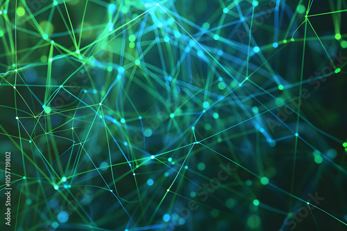 dynamic digital network lines and dots in blue and green. generative ai