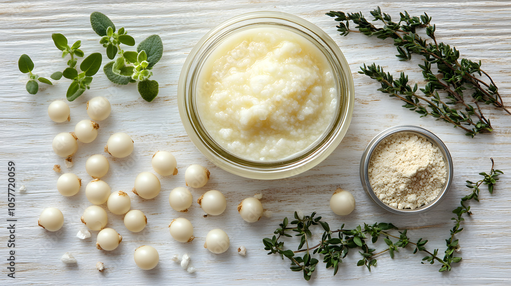 A Beautiful Flat Lay Composition Featuring White Peppercorns, Ground Pepper, and Fresh Thyme on a Light Wooden Background A Beautiful Flat Lay Composition Featuring White Peppercorns, Ground Pepper, and Fresh Thyme on a Light Wooden Background