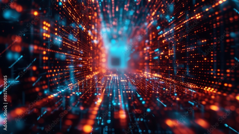 Naklejka premium Abstract Digital Tunnel with Blue and Red Lights