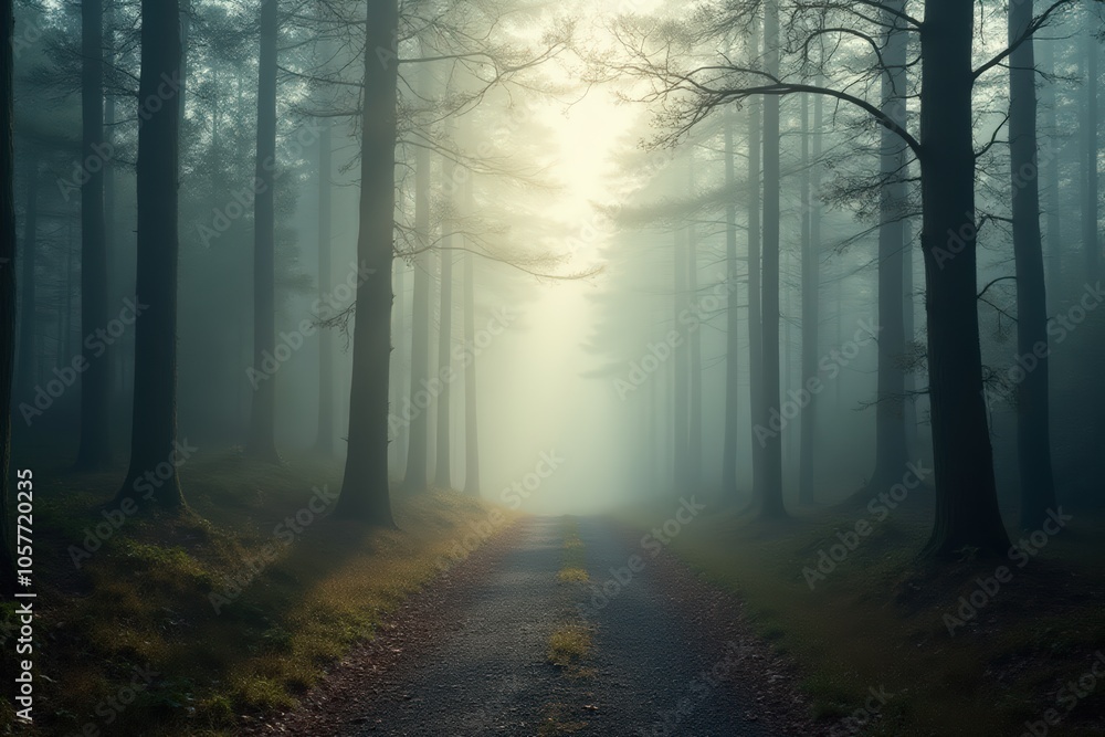 Fototapeta premium Enchanting misty forest pathway capturing serenity and calmness for nature and meditation themes.