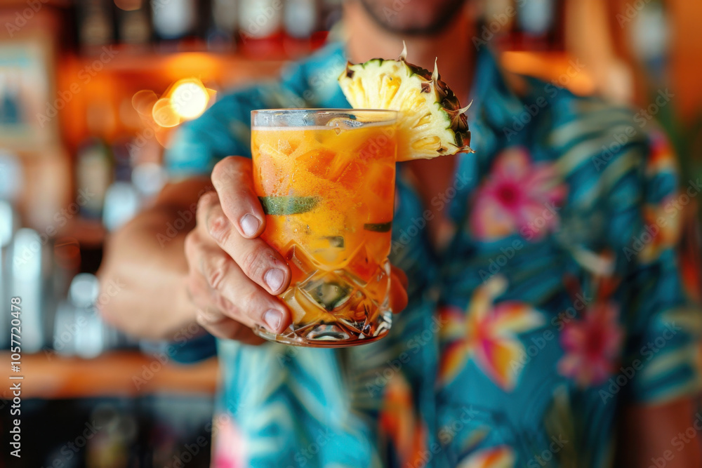 Close-up of a vibrant tropical cocktail garnished with a slice of pineapple, held by a man in a Hawaiian shirt. The warm ambiance and colorful drink evoke a relaxed, island-inspired atmosphere. Close-up of a vibrant tropical cocktail garnished with a slice of pineapple, held by a man in a Hawaiian shirt. The warm ambiance and colorful drink evoke a relaxed, island-inspired atmosphere.