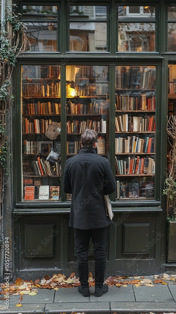 Man in Front of Quaint Bookstore Window Displaying Books Man in Front of Quaint Bookstore Window Displaying Books