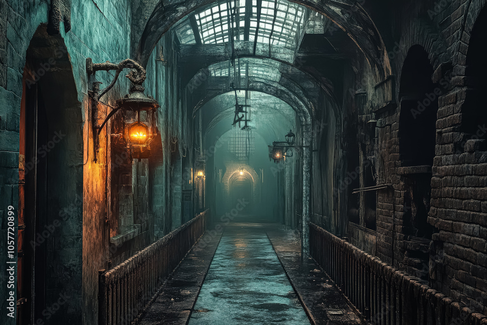 Obraz premium Large industrial building with a long, narrow hallway. The walls are covered in rust and the floor is covered in dirt. The atmosphere is eerie and desolate