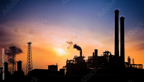 A silhouette of a factory skyline at dusk with industrial chimneys, warehouses, and cranes against a warm, gradient sky, evoking an industrial yet tranquil scene.