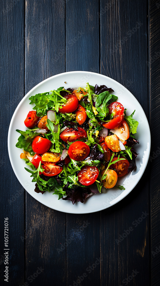 Fresh salad with tomatoes and mixed greens on a dark wooden table with a white plate Fresh salad with tomatoes and mixed greens on a dark wooden table with a white plate