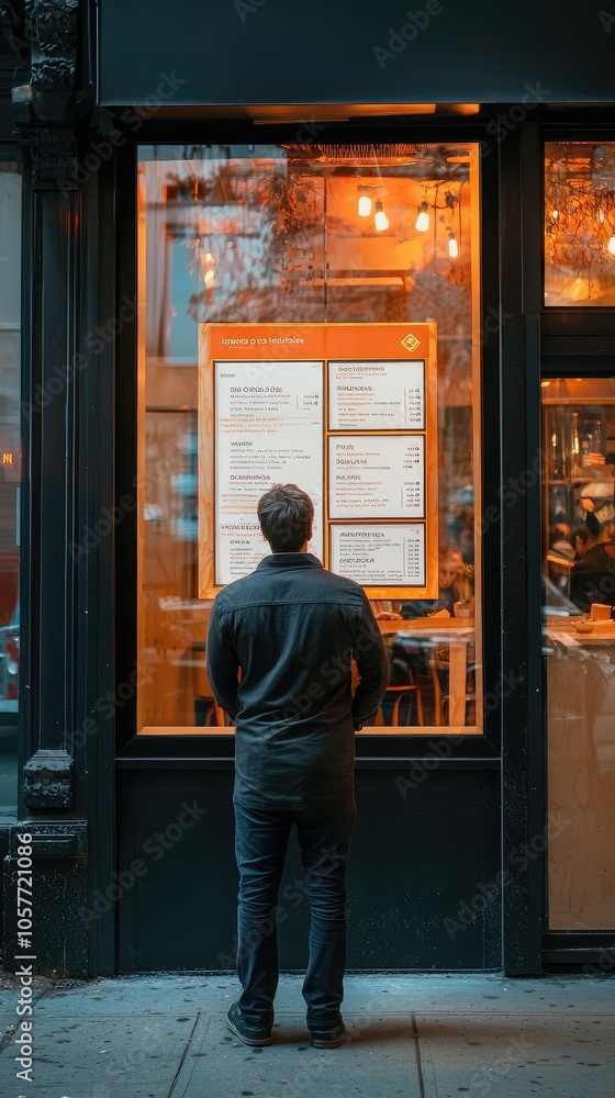 Man Viewing Menu at Contemporary Restaurant Window Man Viewing Menu at Contemporary Restaurant Window