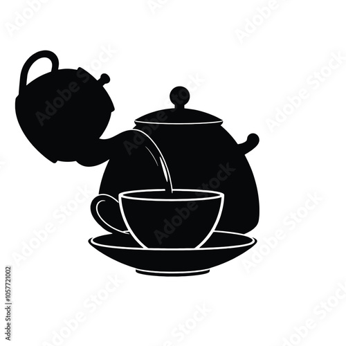 a black and white illustration of a teapot and a cup of tea.