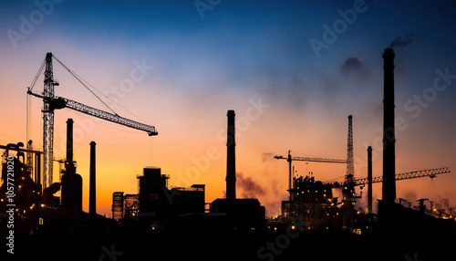 A silhouette of a factory skyline at dusk with industrial chimneys, warehouses, and cranes against a warm, gradient sky, evoking an industrial yet tranquil scene.