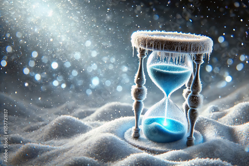 Icy Hourglass on Snowy Dunes in Moonlit Winter Wonderland Capturing the Passage of Time