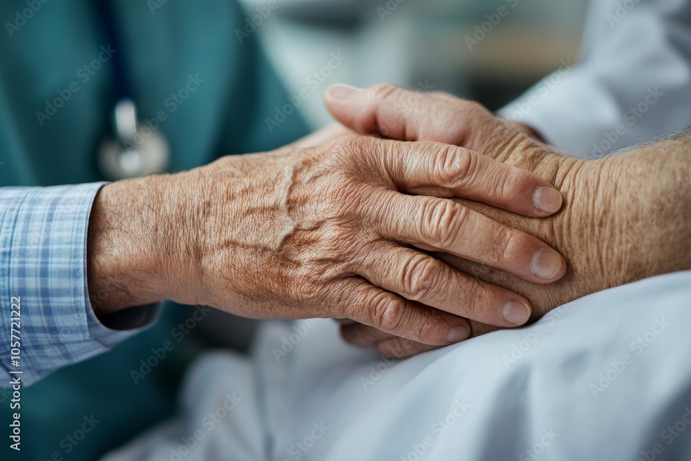 Fototapeta premium Doctor touching hands to encouragement mental of elderly patient after surgery at bed in hospital, Generative AI
