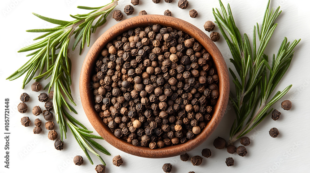 Elegant Top-Down Perspective of Cubeb Peppercorns with Ground Spice Center and Fresh Rosemary for Culinary Aesthetic Elegant Top-Down Perspective of Cubeb Peppercorns with Ground Spice Center and Fresh Rosemary for Culinary Aesthetic