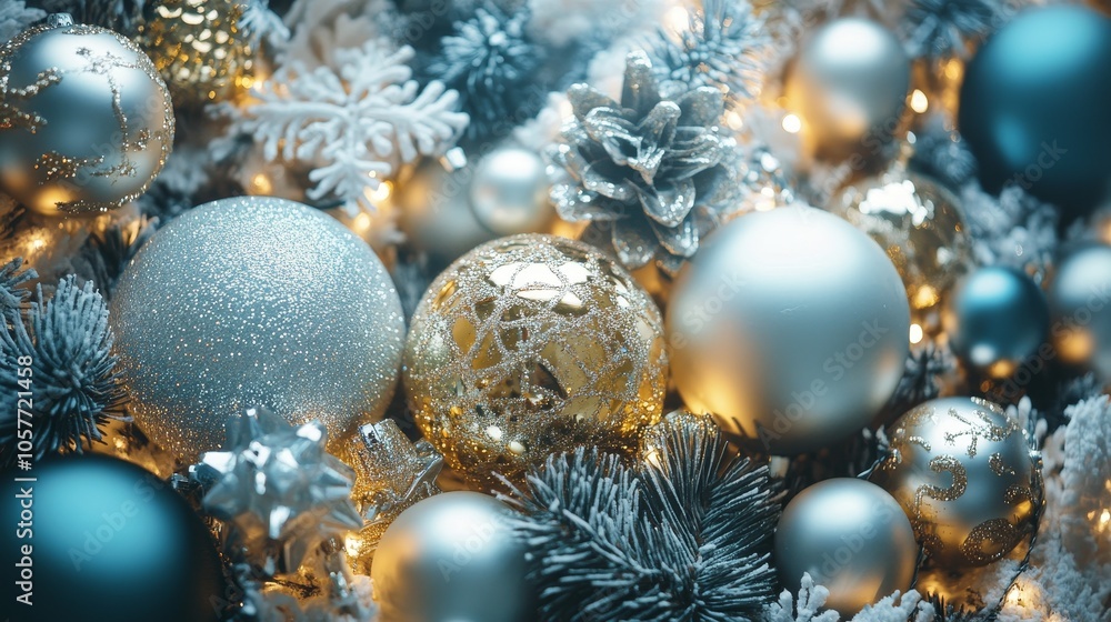 A festive arrangement of shimmering ornaments and frosty decorations A festive arrangement of shimmering ornaments and frosty decorations