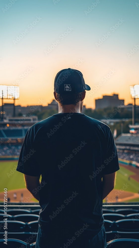 Man in Baseball Cap at Sunset in Stadium Man in Baseball Cap at Sunset in Stadium