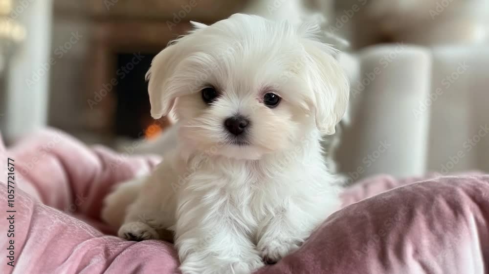 A small white Maltese puppy sits comfortably on a plush cushion in a bright, inviting living room filled with warmth A small white Maltese puppy sits comfortably on a plush cushion in a bright, inviting living room filled with warmth