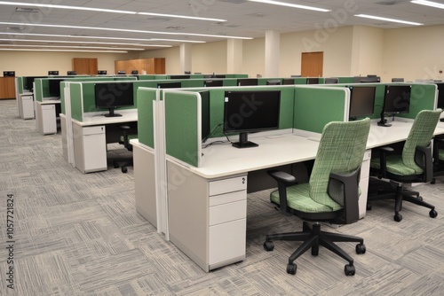 Modern office space featuring green cubicles and computer desks for collaborative work environments