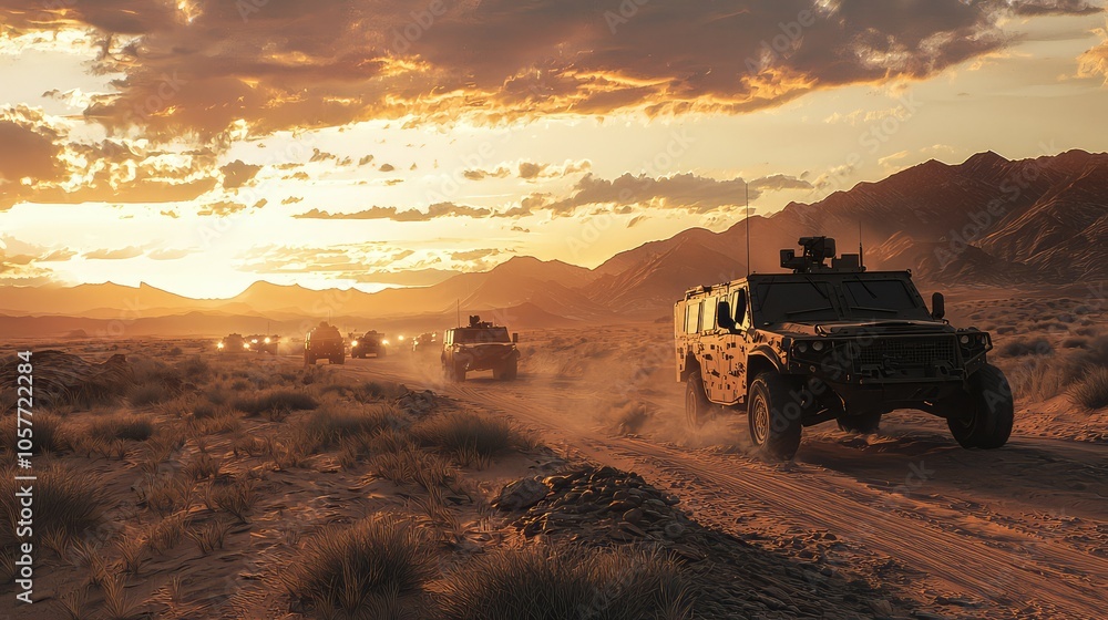 Tactical Convoy Traveling Through Desert Landscape Tactical Convoy Traveling Through Desert Landscape