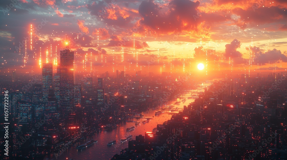 A breathtaking cyberpunk cityscape at sunset, showcasing a vibrant skyline bathed in warm, futuristic hues. A breathtaking cyberpunk cityscape at sunset, showcasing a vibrant skyline bathed in warm, futuristic hues.