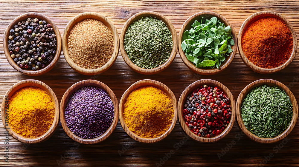 A vibrant array of flavorful spices and fresh herbs elegantly arranged on a rustic wooden table, celebrating the essence of culinary art and natural ingredients. A vibrant array of flavorful spices and fresh herbs elegantly arranged on a rustic wooden table, celebrating the essence of culinary art and natural ingredients.