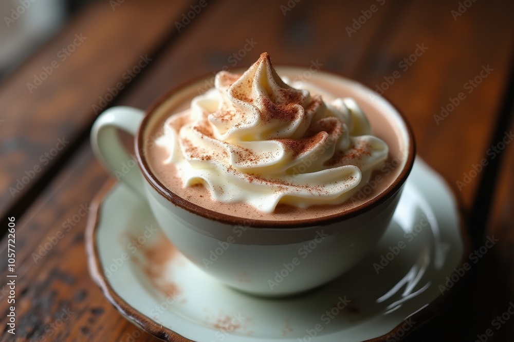 Delicious hot chocolate with whipped cream on rustic wooden table for cozy winter atmosphere. Delicious hot chocolate with whipped cream on rustic wooden table for cozy winter atmosphere.