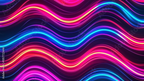 abstract colorful wave pattern with neon pink and blue lights creates a dynamic, energetic visual effect on a dark background.