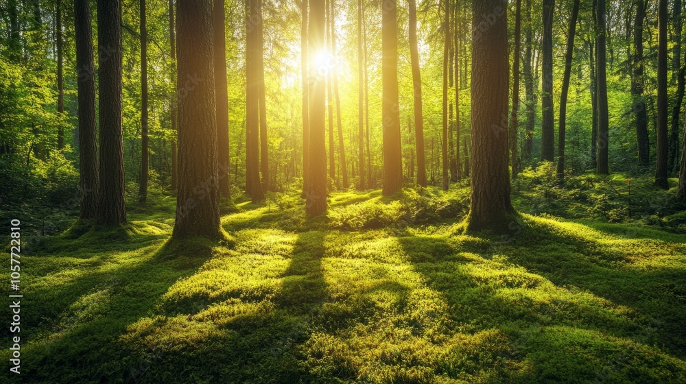Obraz premium A forest with trees and grass in the foreground