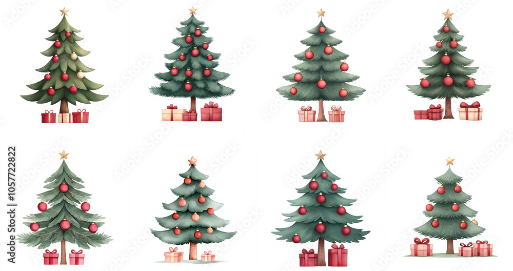 Various Christmas trees with ornaments and gifts, white isolate background. Various Christmas trees with ornaments and gifts, white isolate background.