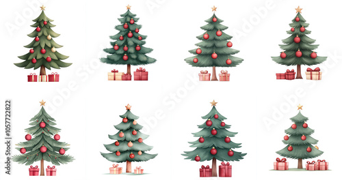 Various Christmas trees with ornaments and gifts, white isolate background.