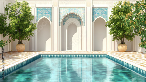 A large pool of water with a white archway in the background. Ancient Persian Garden. Illustration