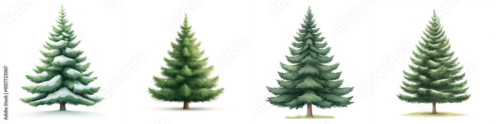 Various green conifer trees isolated on a white background. Various green conifer trees isolated on a white background.