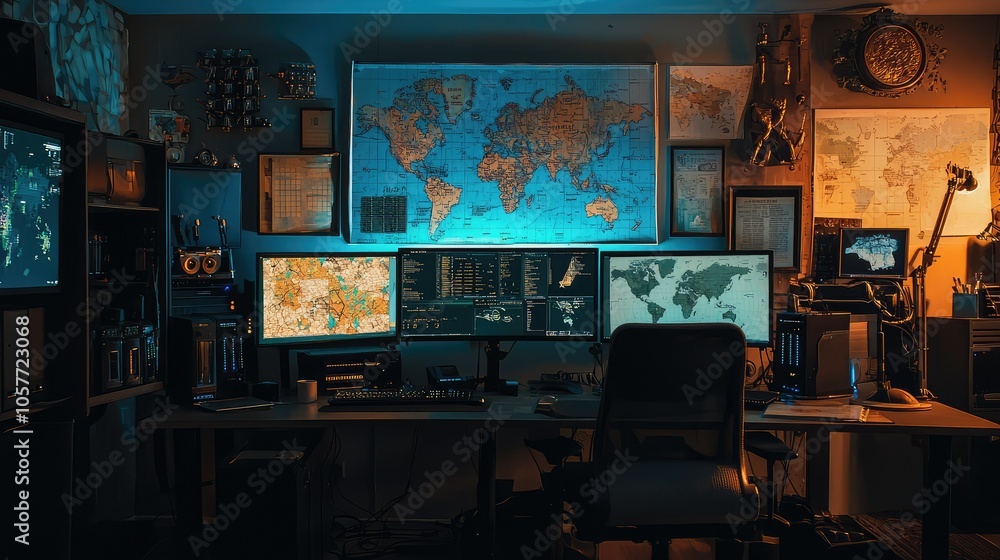 Tactical Operations Center with World Maps and Screens Tactical Operations Center with World Maps and Screens