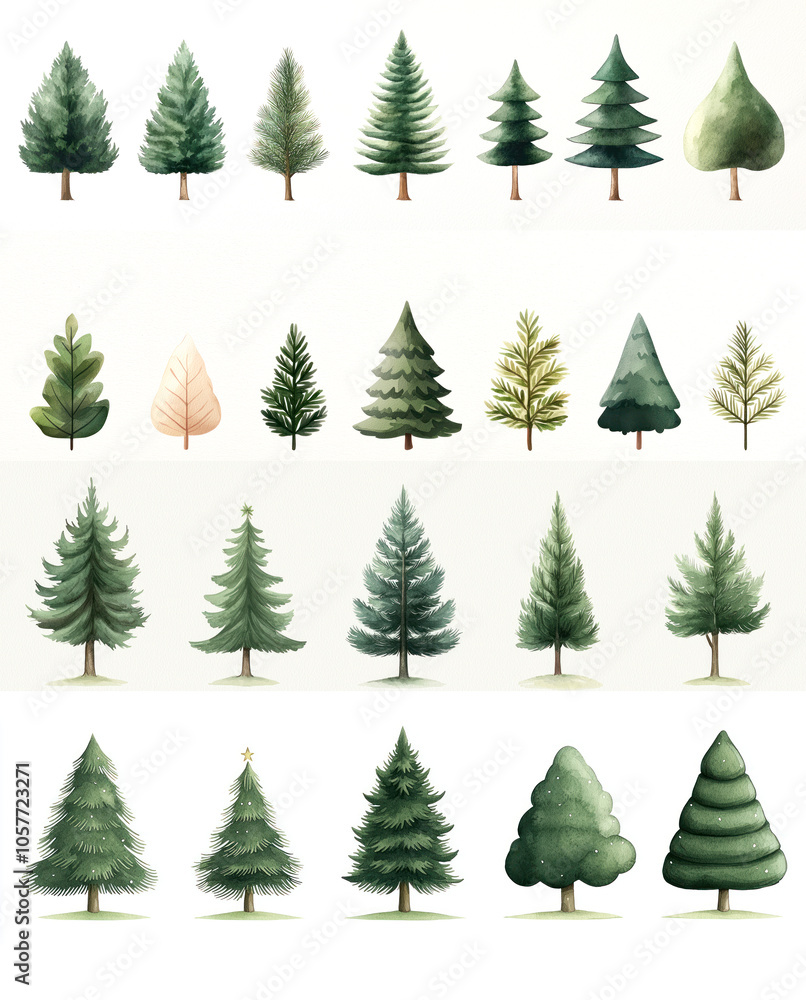 Obraz premium Various green trees and leaves on a white isolated background.