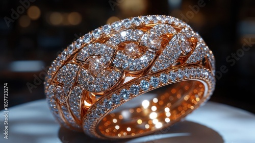 A close-up of a gold ring encrusted with diamonds on a white pedestal with blurred background. photo