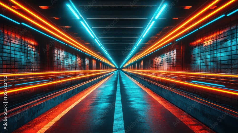 Vibrant tunnel with dynamic light trails, creating a sense of speed and motion against a dark background Vibrant tunnel with dynamic light trails, creating a sense of speed and motion against a dark background