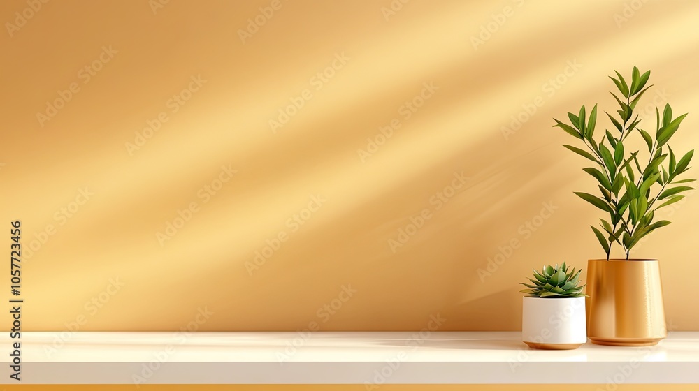 Stylish minimalist display of potted cacti and succulents on a white shelf against a pastel beige background Stylish minimalist display of potted cacti and succulents on a white shelf against a pastel beige background