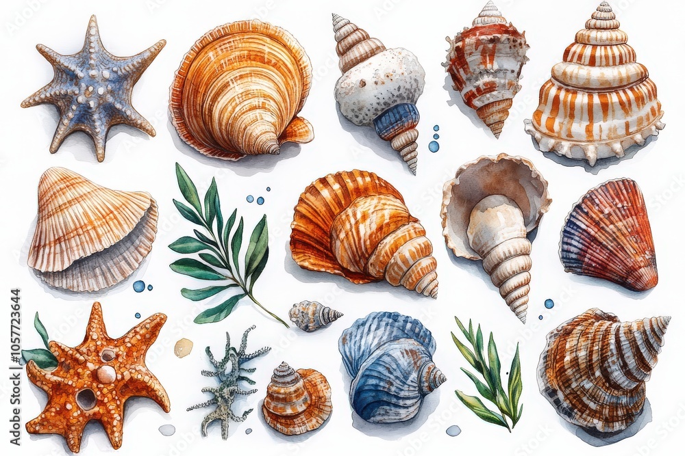 A collection of various colorful seashells and marine elements arranged artistically. A collection of various colorful seashells and marine elements arranged artistically.