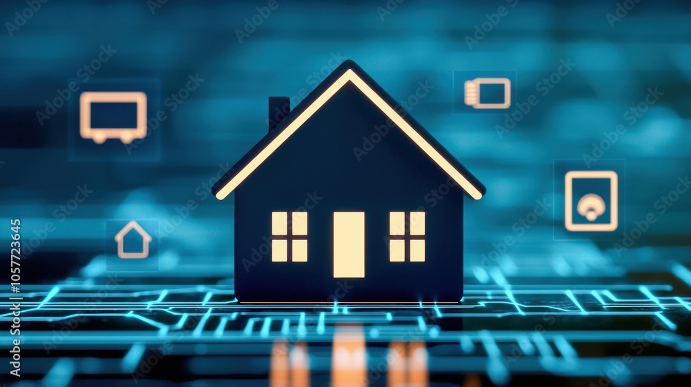 A glowing house icon surrounded by digital symbols, representing smart home technology and connectivity in a modern, tech-savvy environment. A glowing house icon surrounded by digital symbols, representing smart home technology and connectivity in a modern, tech-savvy environment.