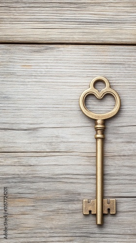 Exploring the allure of a vintage brass key resting on rich wooden texture, revealing timeless craftsmanship and nostalgic charm