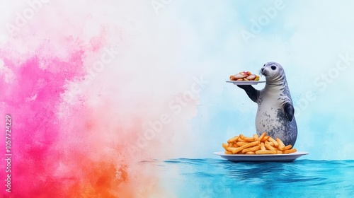 Seal balancing a plate of fish and chips, watercolor waves, playful and spirited, cool ocean tones photo