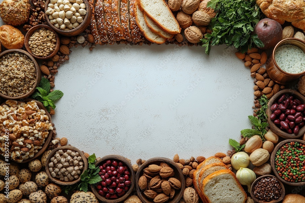 Assorted bread and nuts border with fresh herbs and ingredients surrounding blank space Assorted bread and nuts border with fresh herbs and ingredients surrounding blank space