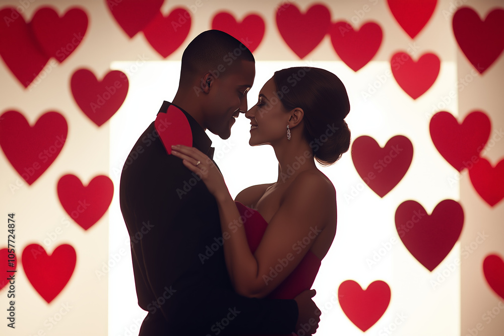 In a warm, intimate setting, a couple gazes into each other's eyes, surrounded by vibrant red heart decorations that symbolize their deep affection. Generative AI In a warm, intimate setting, a couple gazes into each other's eyes, surrounded by vibrant red heart decorations that symbolize their deep affection. Generative AI