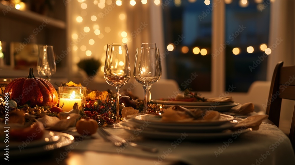 A cozy dinner setting with candles, plates, and autumn decorations A cozy dinner setting with candles, plates, and autumn decorations